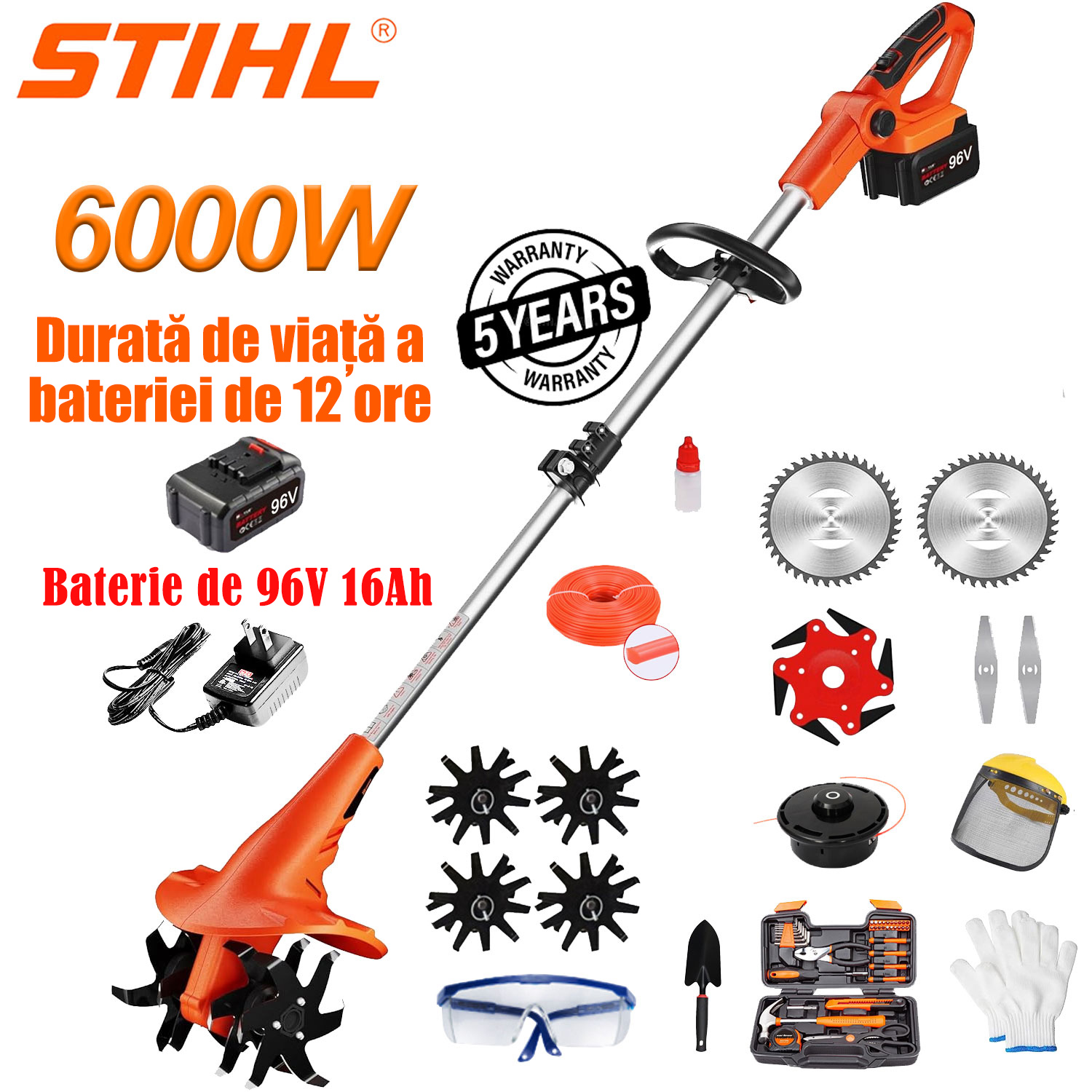 Motosapă multifuncțională (6000W): potrivită pentru aratul și cositul gazonului în gospodărie, echipată cu baterie litiu de 96V × 1, încărcător rapid × 1, cap disc × 4 și un set complet de accesorii.
